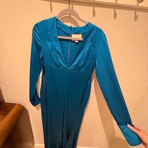 Alexis Satin Turquiose Long Sleeve Jumpsuit, Pockets Palazzo Pants Belted waist